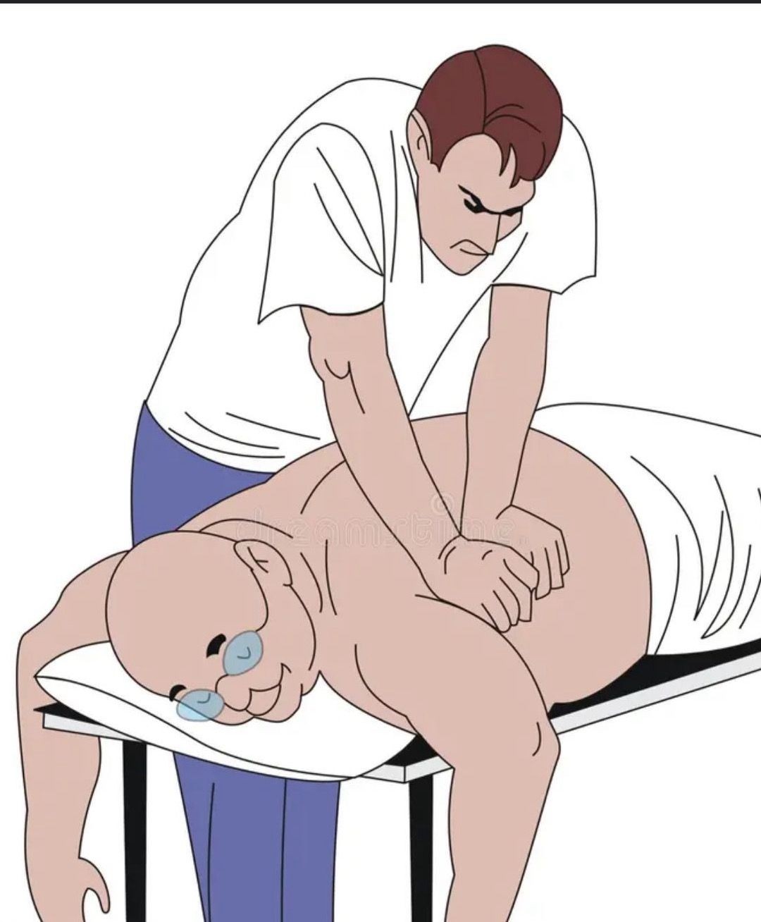 Illustration of a man receiving a back massage from another person.